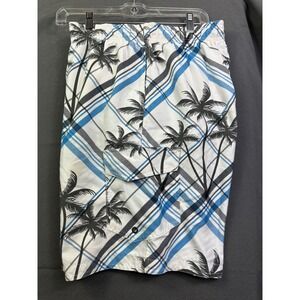 Sonoma Life Style Men Large Swim Trunks Blue White Plaid Palm Tree Board Shorts